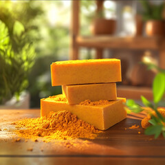 Ultrarealistic photo of two vibrant turmeric soap bars stacked on top of each other surrounded by turmeric powder The soap has a rich bright orange color and a smooth