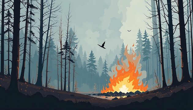Forest Fire Burning Brightly Among Tall Trees