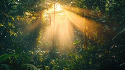 Obraz premium Sunbeams shining through a lush, vibrant rainforest canopy.