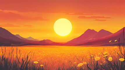 Illustration - blazing sunset over golden fields. Blazing Meadow. Illustration