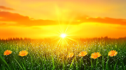 Fototapeta premium Golden hour photo - dew kissed grass with blazing sunset. Blazing Meadow. Illustration