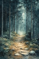Fototapeta premium Soft watercolor scene a foggy forest path early in the morning