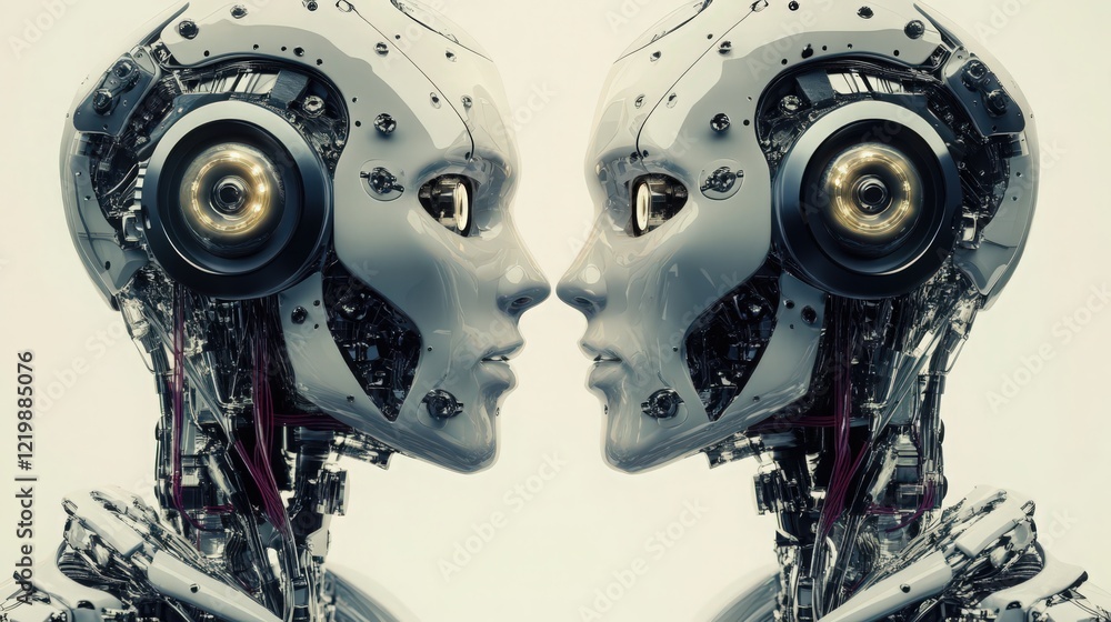 Poster two futuristic robots face each other in a symmetrical design showing technological advancement