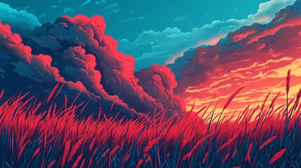 Stunning twilight sky with vibrant red grass field and blue-red clouds. Blazing Meadow. Illustration