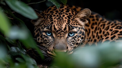 Naklejka premium A close-up of a leopard with striking blue eyes peering through lush foliage.