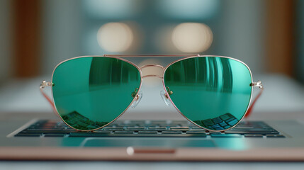 A pair of stylish green-tinted sunglasses resting on a laptop keyboard.