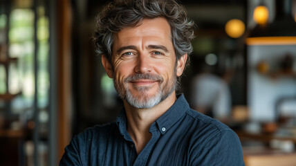 Fototapeta premium A man with curly hair and a beard smiles happily while looking at the camera.