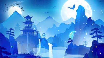 sky, landscape, night, moon, nature, tree, house, sunset, illustration, mountain, vector, stars, city, architecture, cloud, japan, winter, silhouette, sunrise, evening, lake, star, mountains, hallowee