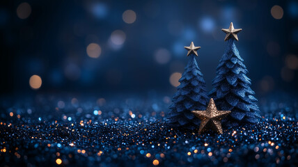 Two small blue Christmas trees are adorned with stars and stand on a dark blue, sparkling background.