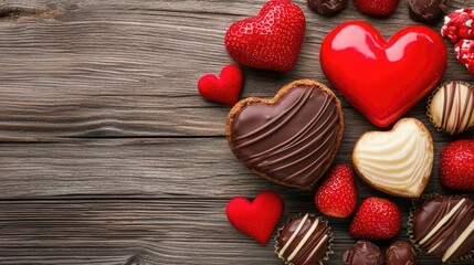 Fototapeta premium Valentine's day dessert display rustic setting sweet treats wooden background aesthetic arrangement