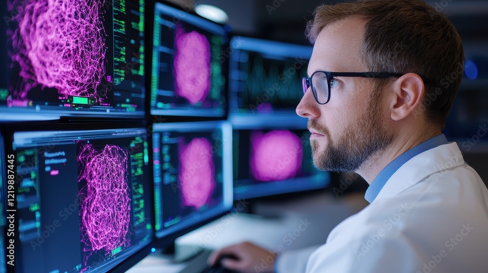 Poster scientist analyzing data on multiple computer screens in laboratory