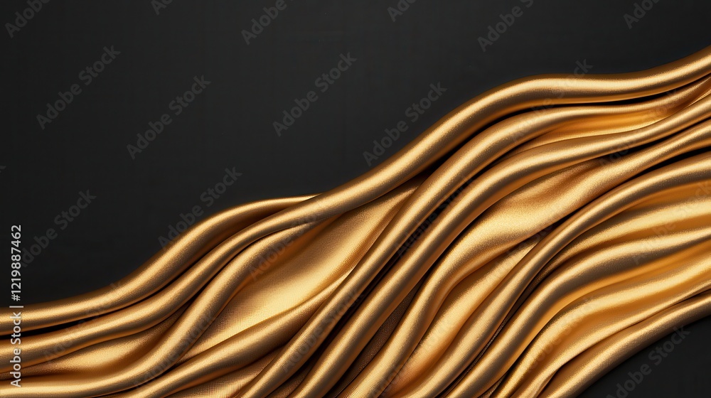 Poster flowing golden fabric abstract on dark background with smooth waves