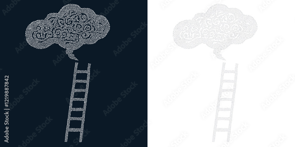 Poster ladder leading to cloud filled with abstract swirls on transparent background