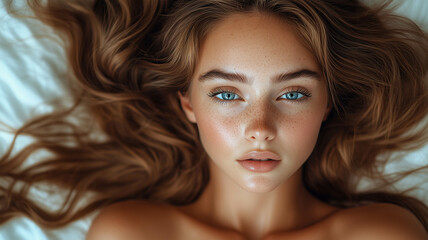 Naklejka premium A beautiful woman with long brown hair, showcasing healthy hair and beauty.