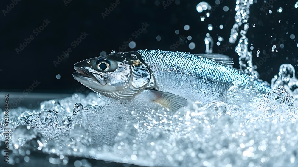 Poster dynamic capture of fish leaping amidst splashes and bubbles