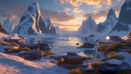 Scenic Snow-Covered Mountain Range Reflecting Over a Serene Frozen Lake