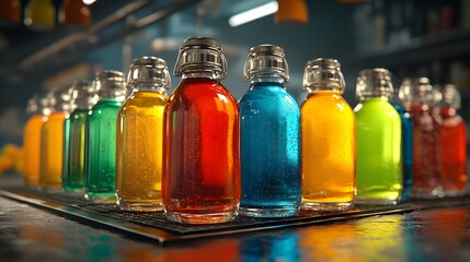 Vibrant Array of Colorful Soda Bottles on Reflective Surface