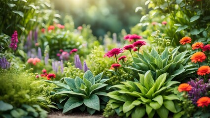 Vibrant summer garden scene with lush greenery and blooming pink and orange gerbera daisies.