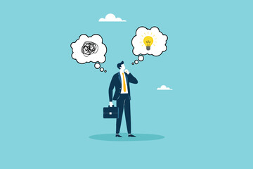 From Chaos to Clarity, A Businessman Strategizing Solutions Amidst Problems, Illuminated by a Bright Lightbulb Idea