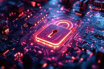 Obraz premium Glowing Digital Lock and Circuit Patterns in Cyberpunk Style with Neon Lighting