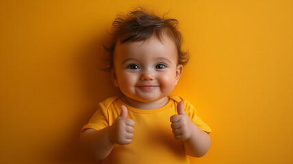 A cheerful baby in a yellow shirt gives a thumbs-up gesture against a solid yellow background. The image is bright, positive, and evokes feelings of joy and approval.