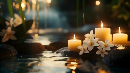 A serene spa scene with candles and water features The background is in soft focus creating a peaceful atmosphere There are also some flowers in the scene contributing