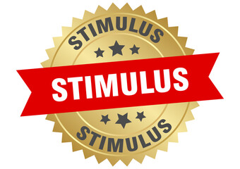 stimulus. stimulus round red and gold label isolated on transparent background