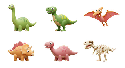 Dinosaurs cartoon character. Brachiosaurus, pterodactyl, tyrannosaurus rex, dinosaur skeleton, triceratops, stegosaurus. Funny animal 3d vector icon set