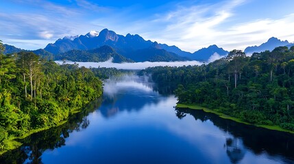 Fototapeta premium Serene Tropical Lake and Mountain Landscape with Misty Forest