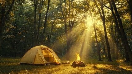Tent and campfire in sunny forest.