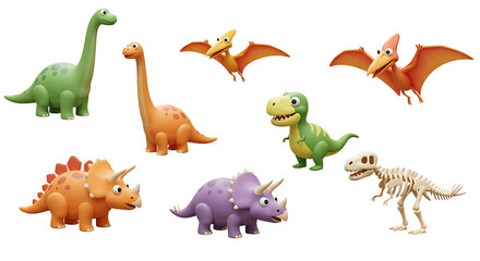 Naklejka premium Dinosaurs cartoon character. Brachiosaurus, pterodactyl, tyrannosaurus rex, dinosaur skeleton, triceratops, stegosaurus. Funny animal 3d vector icon set