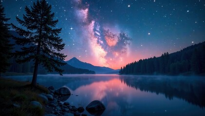 Fototapeta premium Milky Way shining through the trees above a lake, atmospheric, peaceful, stars