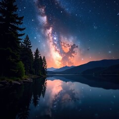 Fototapeta premium Milky Way shining through the trees above a lake, tree branches, forest