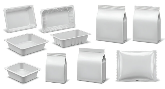 Polyethylene and polystyrene packaging for food, 3d realistic vector set mockup