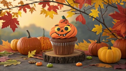 Autumnal Halloween Cupcake Pumpkin Spice Cupcake with Fondant Jack-o'-lantern, Fall Leaves Composition, Halloween Baking, Autumnal Treats Halloween, Fall Baking