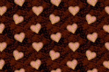 Seamless pattern of sparkling pink hearts with a glitter effect on a dark brown background, featuring a textured, glowing design for creative projects and festive themes