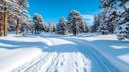 Obraz premium Serene Winter Forest Path A Snow Covered Trail Through Trees on a Sunny Day