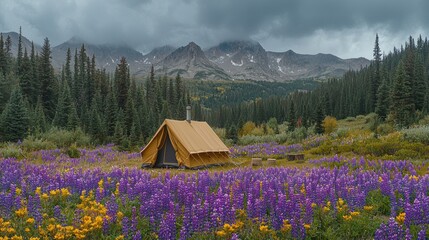 Tent in a mountain meadow with wildflowers.