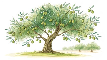 Lush Olive Tree Watercolor Painting Abundant Branches, Green Olives, Detailed Trunk, Mediterranean Landscape, Botanical Illustration. Olive tree, watercolor painting