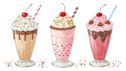 Triple Watercolor Milkshake Illustration Chocolate, Strawberry, Vanilla Cones, Sprinkles, Cherry, Straw, Dessert