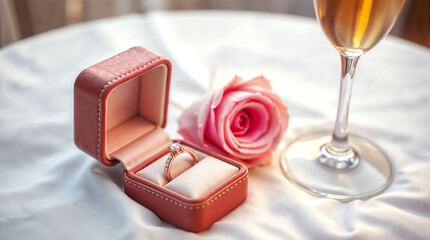 St. Valentine's Day concept. Elegant engagement ring in pink box with rose and champagne glass