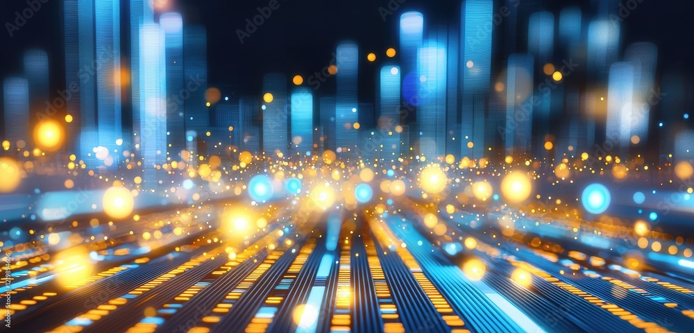 Poster abstract digital landscape with glowing lights and patterns creating a futuristic atmosphere.