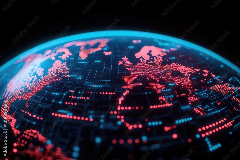Poster vibrant digital globe with glowing red and blue elements representing data connections.