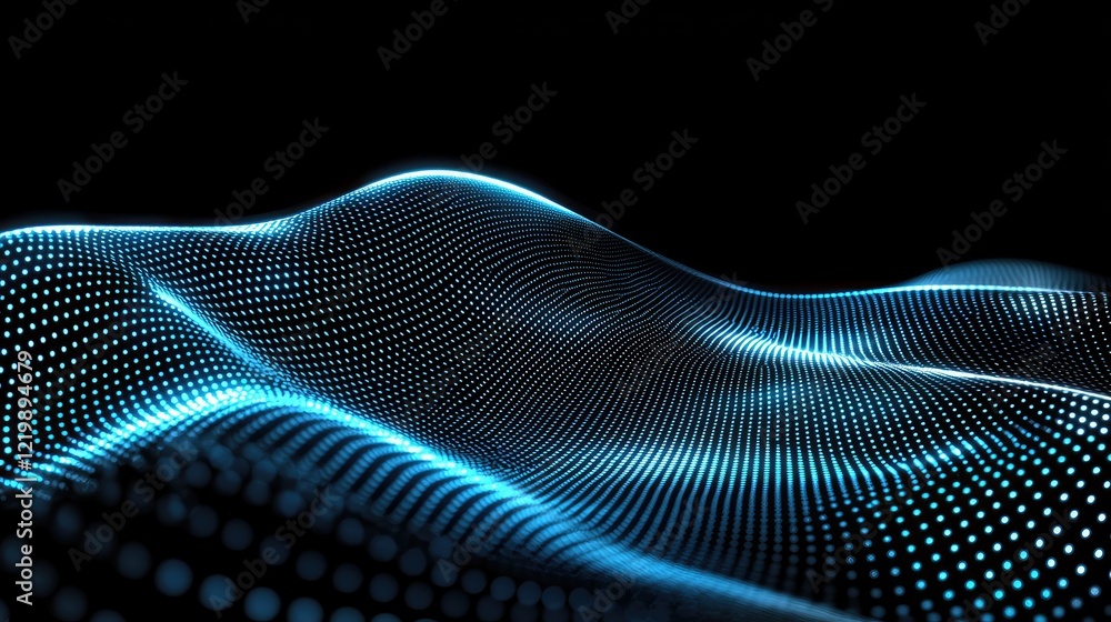 Poster digital waveforms with glowing blue dots create a mesmerizing abstract landscape.