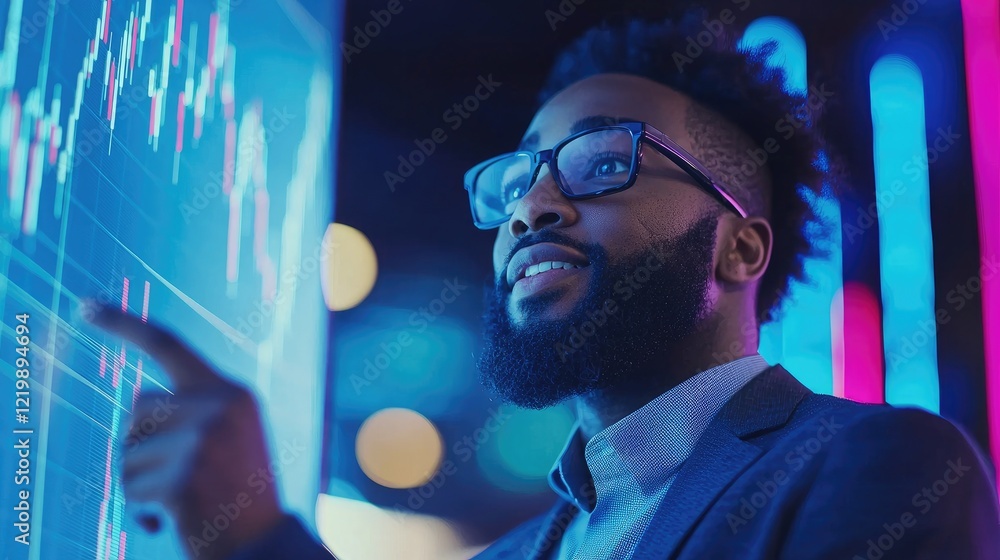 Poster professional man analyzing data on a digital screen in a modern office setting.