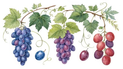 Fototapeta premium Watercolor Grapevine Composition Three Clusters and Leaves, Botanical Illustration, Vintage Style, Fruit. Grapes, Watercolor