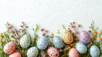 Obraz premium A vertical image with pastel-colored Easter eggs and delicate pink flowers arranged along one side, leaving a clean white space on the other for text or designs. 