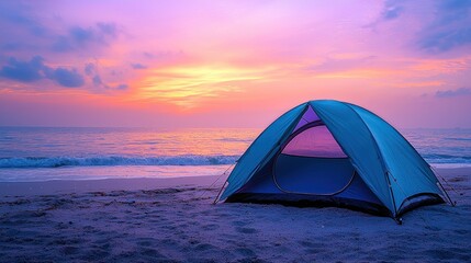 Tent on beach at sunset.