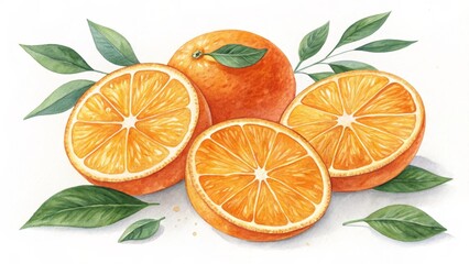 Watercolor Oranges Three Slices and Whole Fruit Composition,Vibrant Citrus Still Life, Botanical Illustration, Orange Fruit Citrus, Watercolor Painting