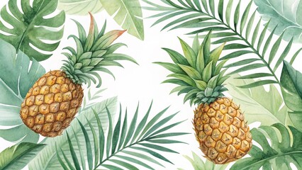 Watercolor Pineapples and Tropical Leaves Botanical Illustration, White Background, Summer Concept Tropical Fruit, Watercolor Painting
